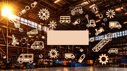 Fototapeta premium Industrial workspace featuring machinery icons and sunlight, ideal for technology and manufacturing themes.