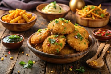 Crunchy potato kachori, a traditional Indian snack, served with a side of golden French fries, offering a fusion of flavors and textures.