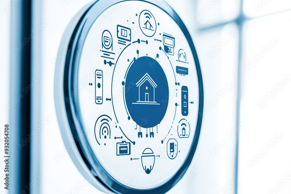 Poster smart home control panel displaying various home automation features and icons in a modern design.