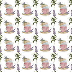 Pattern of teacups, lavender, and herbs arranged on a light background