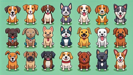 Cute and colorful vector icons of dogs in various breeds, poses, and emotions, perfect for use in pet-related designs, logos, and illustrations.