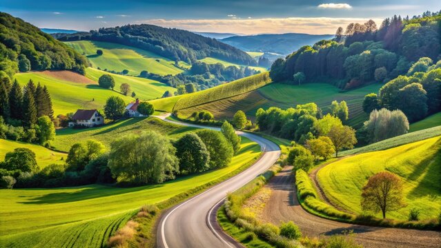 Curved Schleife road section in the German countryside, lined with lush green trees and surrounded by rolling hills on a sunny summer day.