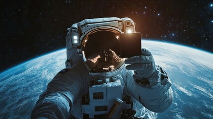 A space tourist astronaut taking a selfie with the Earth on the background