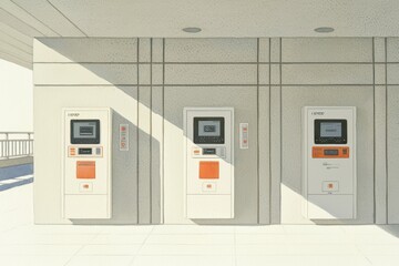 Three modern kiosks in a bright, minimalist setting, showcasing advanced technology and sleek design for user interaction.