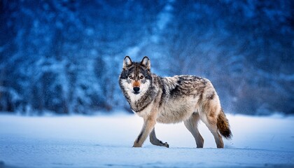 Fototapeta premium Lone Wolf Traversing Snowy Winter Landscape