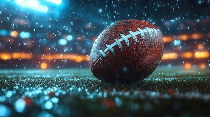 a rugby ball soars through floodlit night air stadium lights gleaming off its surface blurred spectator stands create a sense of anticipation and excitement for the upcoming match