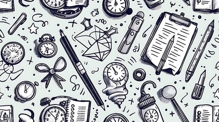 A seamless pattern of doodles with exam prep essentials such as test papers, pencils, clocks, and stress balls, alongside study tools like sticky notes and textbooks,