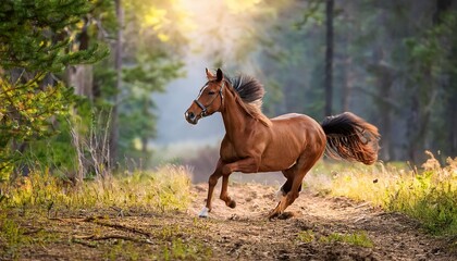 Fototapeta premium Graceful Horse Galloping Through Sunlit Forest Path