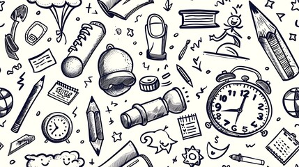 A seamless pattern of doodles with exam prep tools such as test papers, pencils, clocks, and stress balls, mixed with study items like sticky notes and textbooks,