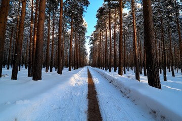 Fototapeta premium Path through snow-dusted pine forest, winter serenity and calm