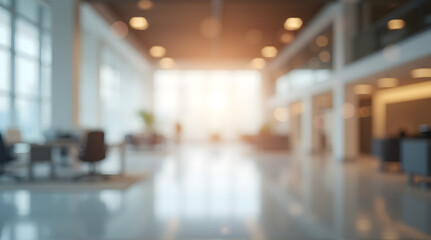 Fototapeta premium Blurred empty open space office. Abstract light bokeh at office interior background for design. 