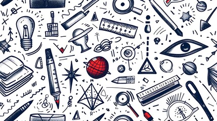 A seamless pattern of doodles with geometric shapes such as triangles, circles, and squares, mixed with geometric tools like protractors, compasses, and rulers,