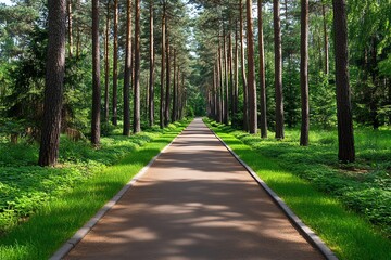  Pathway through pine forest park, inviting and serene for a stroll