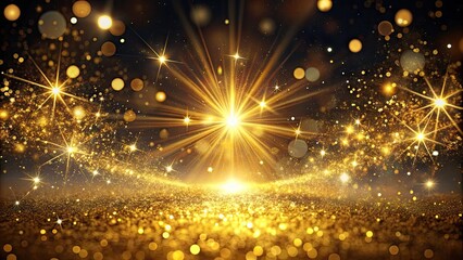 Obraz premium Dazzling golden glitter explodes in a radiant burst of light, scattering shimmering sparks against a dark background, evoking luxury, celebration, and magical wonder.