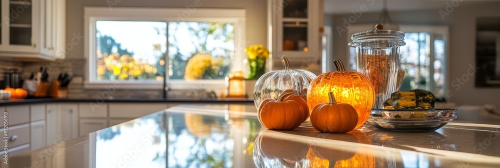 Wall mural Autumn Kitchen Decor with Pumpkins and Fall Colors - A kitchen countertop with pumpkins, fall foliage, and a window with a view.  The image symbolizes the transition into fall, the warmth of home, and