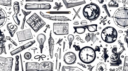 A seamless pattern of doodles with history highlights such as ancient maps, globes, historical figures, and artifacts, alongside scholarly items like quills and scrolls,