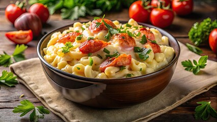 Decadent dish of creamy macaroni and cheese infused with chunks of succulent lobster meat, garnished with chopped parsley and served in a ceramic bowl.