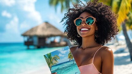 A woman with an enthusiastic smile, holding a travel brochure, with a tropical vacation setting behind her