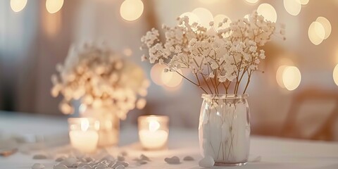 Fototapeta premium White Flowers in a Glass Vase with Candles and Bokeh Lights