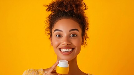 A woman with wide eyes and a big smile, holding a product in her hand, set against a bright yellow background