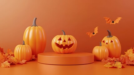 Halloween podium background pumpkin product platform scene display. Background orange autumn podium 3D render scary party spooky fall, happy halloween mockup abstract studio pedestal. Generative AI