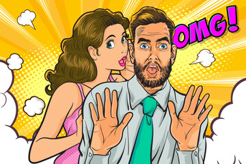 Obraz premium people whispering gossip or business secret to friend surprised In Retro Vintage Pop Art Comic Style