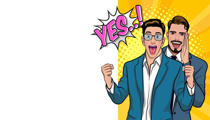 business people whispering gossip or business secret to friend surprised In Retro Vintage Pop Art Comic Style