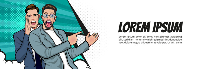 business people whispering gossip or business secret to friend surprised In Retro Vintage Pop Art Comic Style