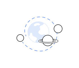 Simplified illustration of planetary system with Earth, a ringed planet, and two smaller planets orbiting. Modern minimalistic style focused on space exploration, cosmology, or astronomy themes.