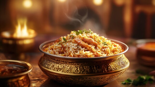 high quality photography of Indian biriyani on restaurant background. Indian food concept.