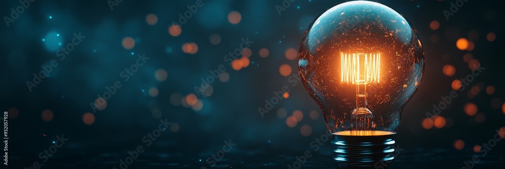 Poster Bright Ideas: Glowing Light Bulb on Dark Background - A single light bulb illuminates the darkness, symbolizing inspiration, innovation, knowledge, and hope.