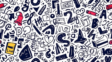 A seamless pattern of doodles with letters and numbers in quirky and playful fonts, arranged chaotically, vibrant colors, on a light gray background, fun and energetic design, hd quality.