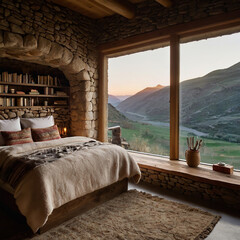 Imagine a cozy cave room carved into a mountainside ai photo