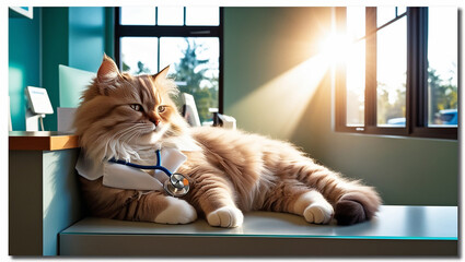 the cute doctor cat at the Reception Desk ai photo