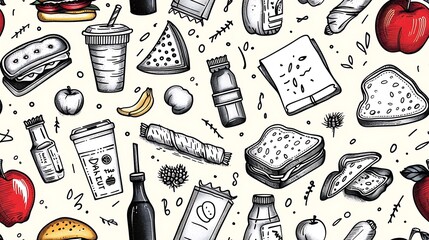 A seamless pattern of doodles with lunchbox items such as sandwiches, apples, juice boxes, and granola bars, mixed with fun snack elements, in a vibrant and playful color scheme,