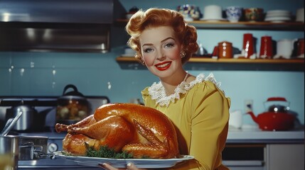 radiant 1950s homemaker showcasing freshly cooked thanksgiving turkey