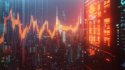 Stock market business concept with financial chart on screen and metropolis. Investment and trading background