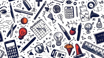 A seamless pattern of doodles with mathematical equations, geometric shapes, and calculators, arranged chaotically, bright and cheerful colors, on a light gray background, fun and lively, hd quality.