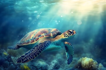 Fototapeta premium Turtle swimming under the sea