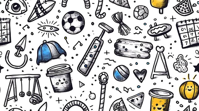 A seamless pattern of doodles with recess fun items such as swings, slides, jump ropes, and hopscotch patterns, mixed with playground balls and seesaws, in a vibrant and playful color scheme,