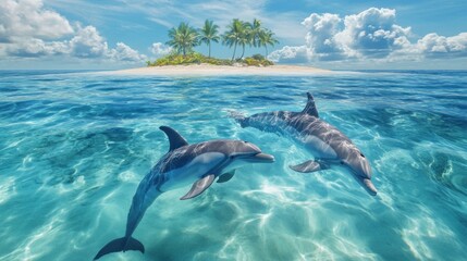 Fototapeta premium Dolphins Swimming in a Tropical Paradise