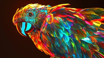 Obraz premium Neon Style 3D Glinting Glass Parrot with Colorful Feathers on Bronze Background - High Resolution Vibrant Hues