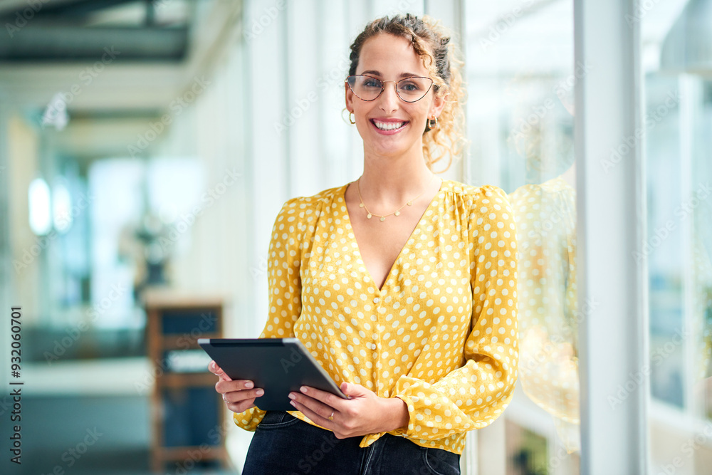 Poster tablet, portrait and business woman with social media, content creation project and online in office