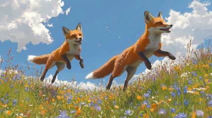 Two Red Foxes Jumping in a Meadow
