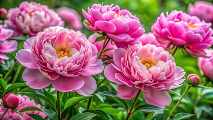 Obraz premium Delicate pink peony blooms unfold amidst lush greenery, showcasing intricate petals and delicate stamens in a stunning display of natural elegance and beauty.