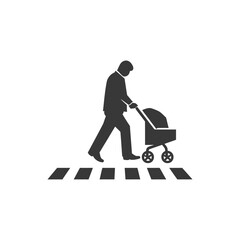 Silhouette of a Person Pushing a Stroller Across a Crosswalk