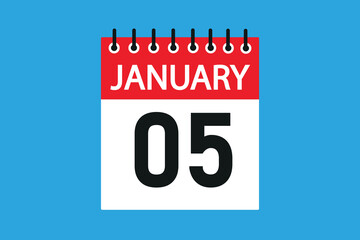 05 January. 5th january professional modern exclusive daily calendar design. Meeting schedule flat icon icon design. White and red color paper. White,black color text. Vector illustration eps 10.