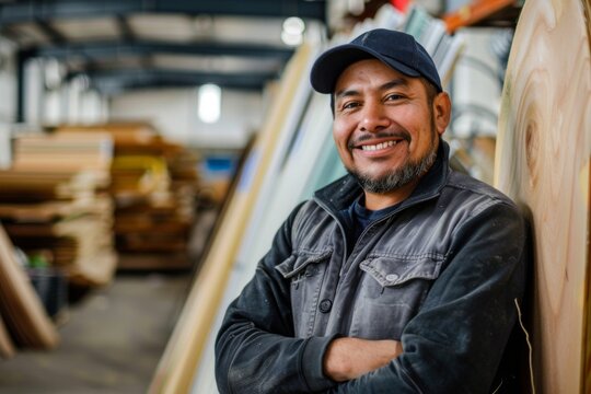 Portrait of a smiling hispanic male worker in large warehouse