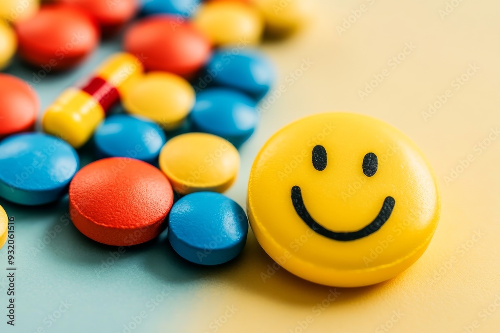 Wall mural Simple and bold design of a yellow smiley face on a soft background representing positivity and clarity in healthcare