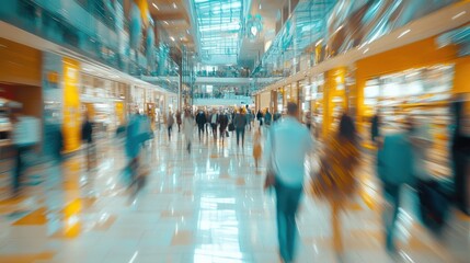 Abstract blurred photo of many people shopping inside department store or modern shopping mall. Urban lifestyle and black friday shopping concept